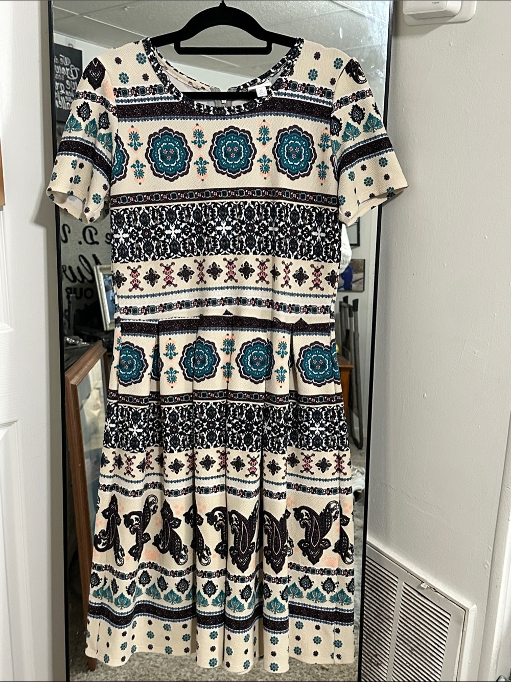 LuLaRoe Cream Midi Dress with Teal and Black Print